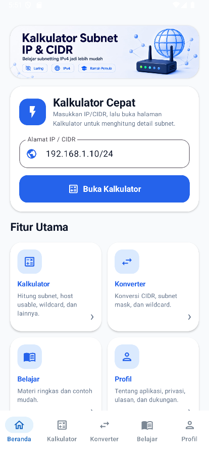Screenshot utama aplikasi IP Subnet & CIDR Calculator