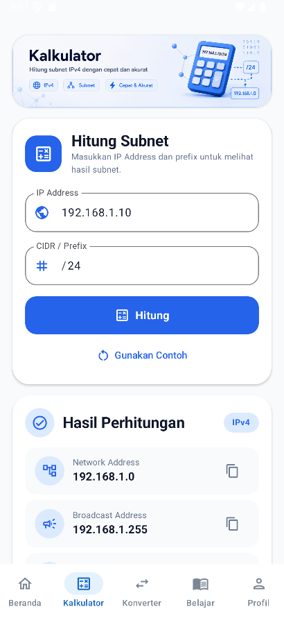 Screenshot fitur aplikasi IP Subnet & CIDR Calculator